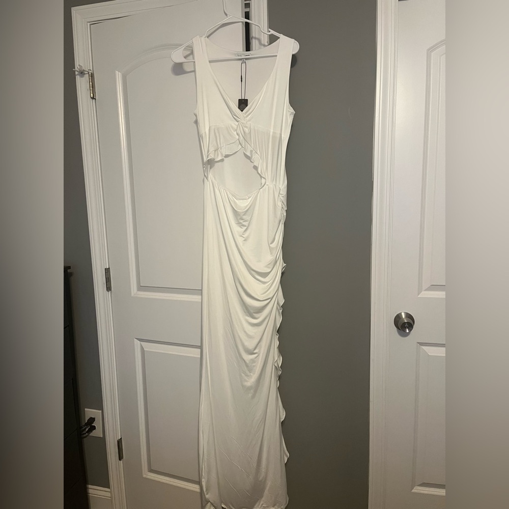 Fashion Nova - Selena Ruffle Cut Out Maxi Dress - White